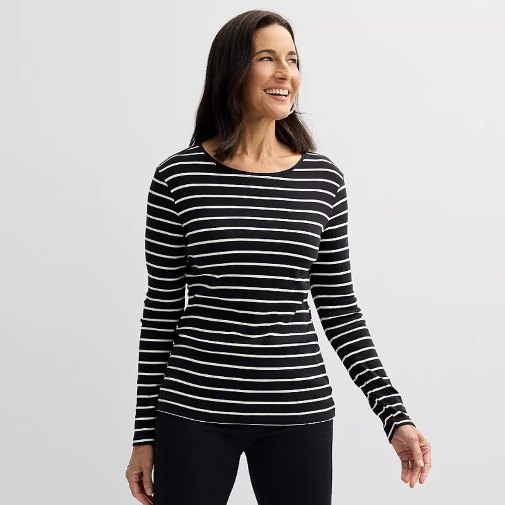 Croft & Barrow Essential Crewneck Long Sleeve Tee, Black Classy Stripe, 2X